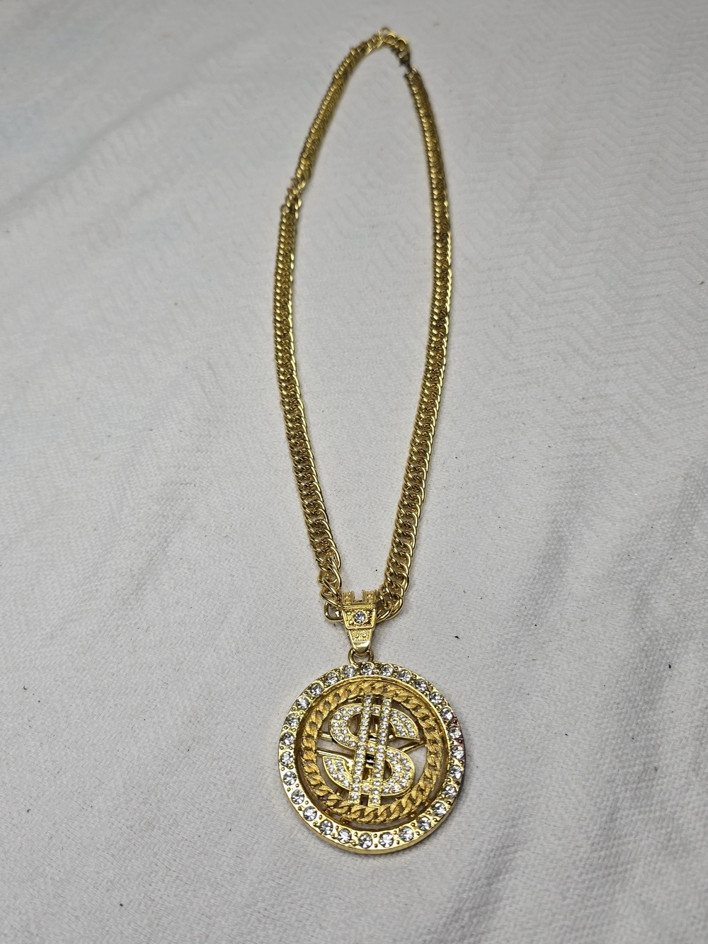 Gold Tone Rhinestone Dollar Sign Pendant Cuban Chain Necklace